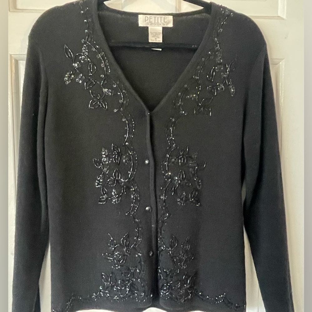 PETITE SOPHISTICATE Black Sequined Wool Blend Cardigan Button Front Sweater MED